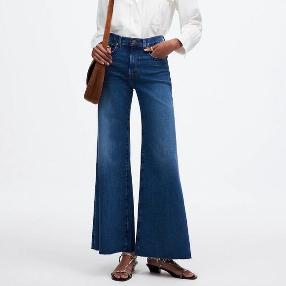 Madewell Denim - Madewell Flared Wide Leg Crop Jeans Raw Hm Super Stretch Medium Pelion Wash 26